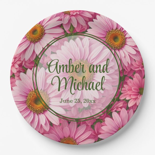Retro pink floral daisy pattern paper plate (Front)