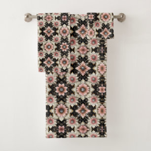 Retro Pink Floral Diamond Mid Century Modern Bath Towel Set