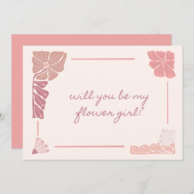 Retro Pink Floral Handwritten Flower Girl Proposal Invitation (Front/Back)