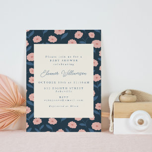 Retro Pink Floral Navy Modern Girl Baby Shower Invitation