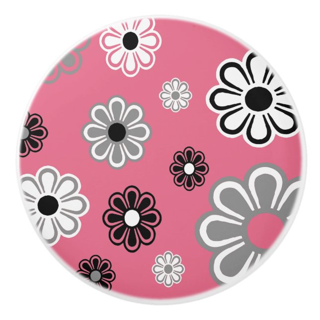 Retro Pink Flower Power ceramic knob (Front)
