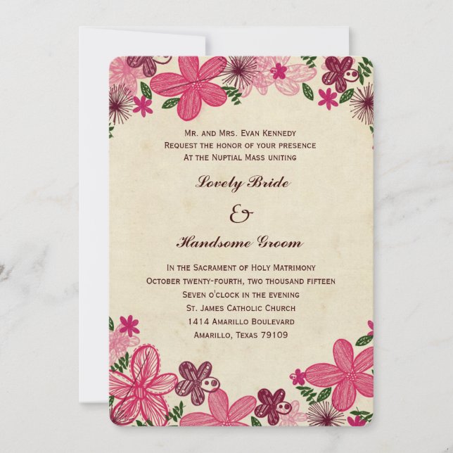 Retro Pink Flowers Catholic Wedding Invitation (Front)
