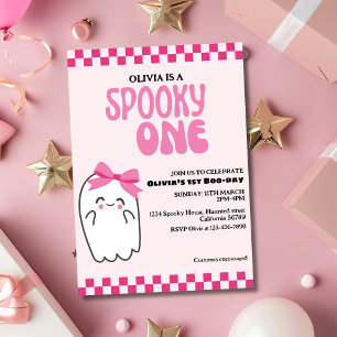 Retro Pink Ghost Halloween Spooky one Birthday Invitation