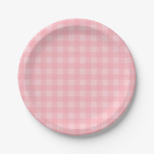 Retro Pink Gingham Chequered Pattern Background Paper Plate