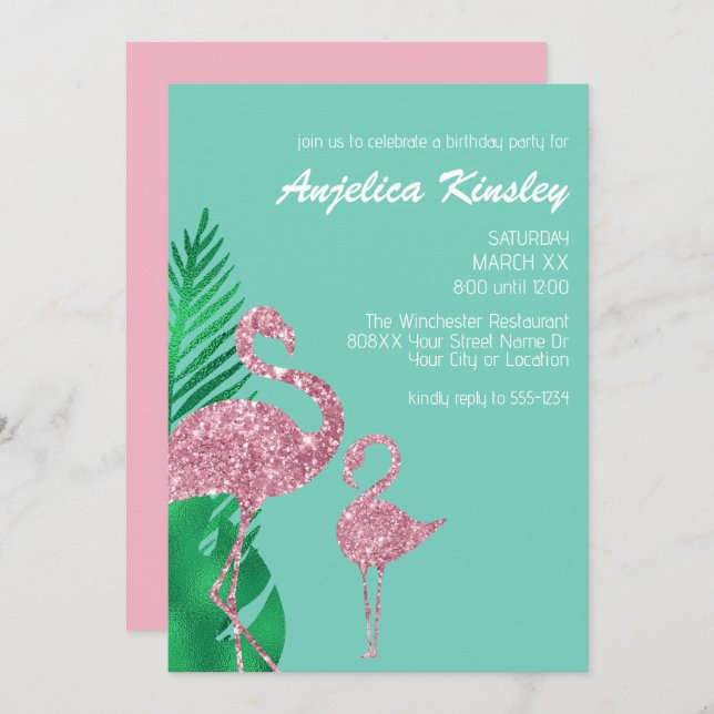 Retro Pink Glitter Flamingo and Palm Leaves Invitation (Front/Back)