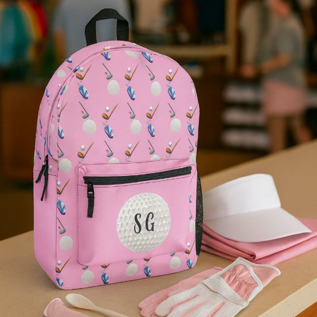 Retro Pink Golf Pattern Monogram  Printed Backpack (Your new go‑to golf backpack pretty, practical, and perfectly paired with pro‑shop essentials.)