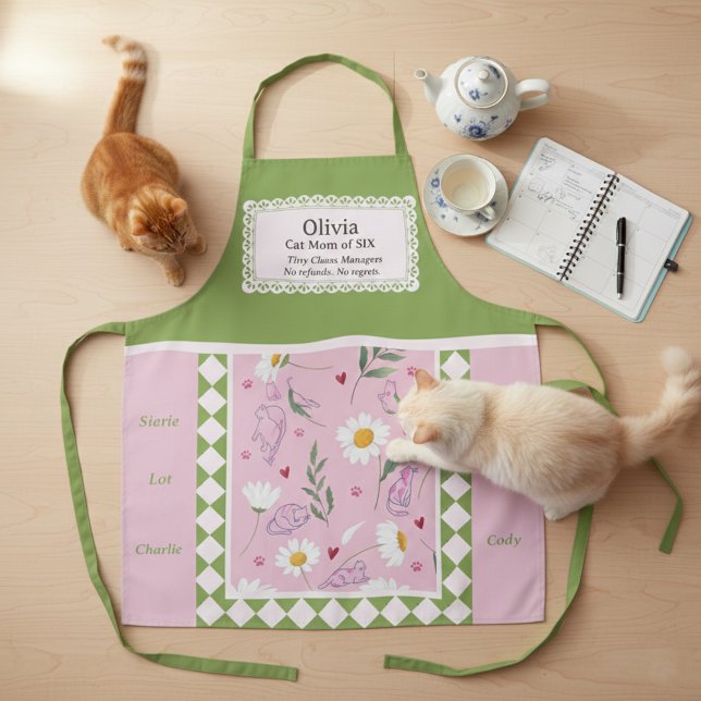 Retro Pink Green Cat’s Mum Personalised Apron (Creator Uploaded)