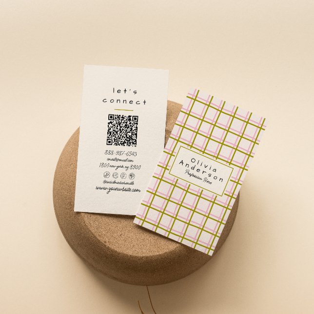 Retro Pink Green Chequered Stripes Trendy QR Code Business Card (Creator Uploaded)