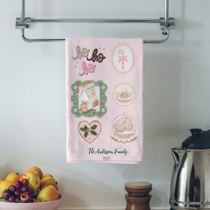 Retro Pink Green Christmas Tea Towel