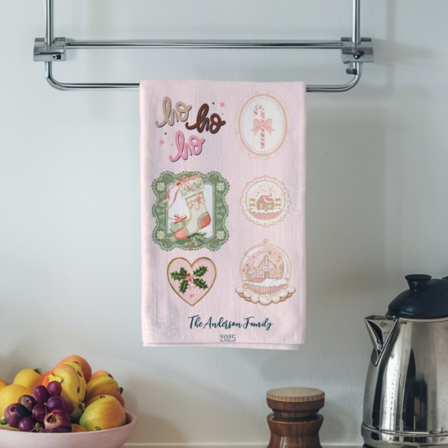 Retro Pink Green Christmas Tea Towel (Creator Uploaded)