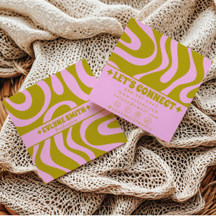 Retro Pink Green Colorful Boho Groovy Girly Trendy Square Business Card