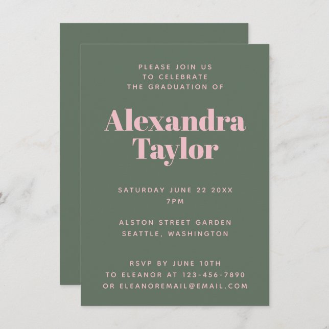 Retro Pink Green Cute Aesthetic Graduation Party Invitation (Front/Back)