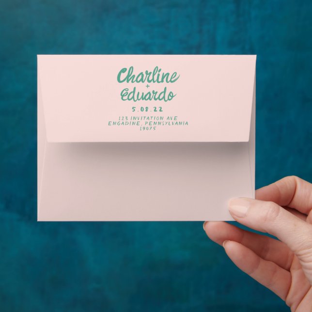 Retro Pink &Green Handwriting Wedding  Envelope (Hand)