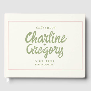 Retro Pink Green Handwriting Wedding  Guest Book