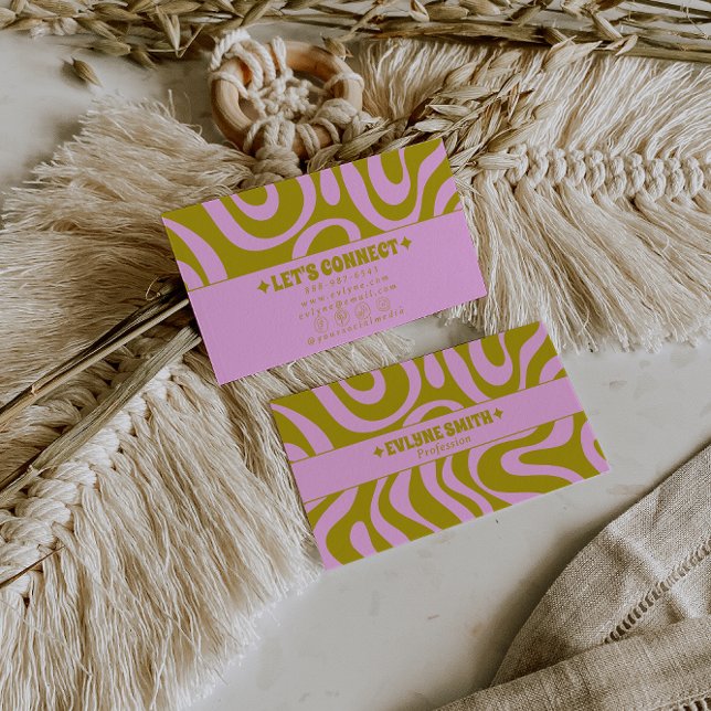 Retro Pink Green Monochrome Boho Groovy Trendy  Business Card (Creator Uploaded)