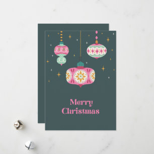 Retro Pink Green Non Photo Christmas Ornament Holiday Card
