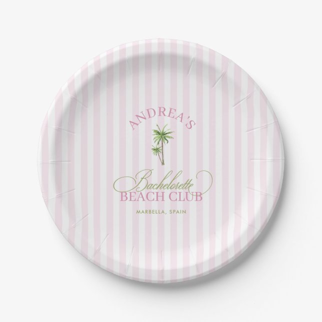 Retro Pink & Green Palm Tree Beach Bachelorette Paper Plate (Front)