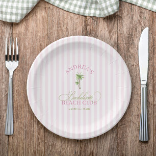 Retro Pink & Green Palm Tree Beach Bachelorette Paper Plate