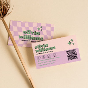 Retro Pink Green QR Code Groovy Checkered Trendy Business Card