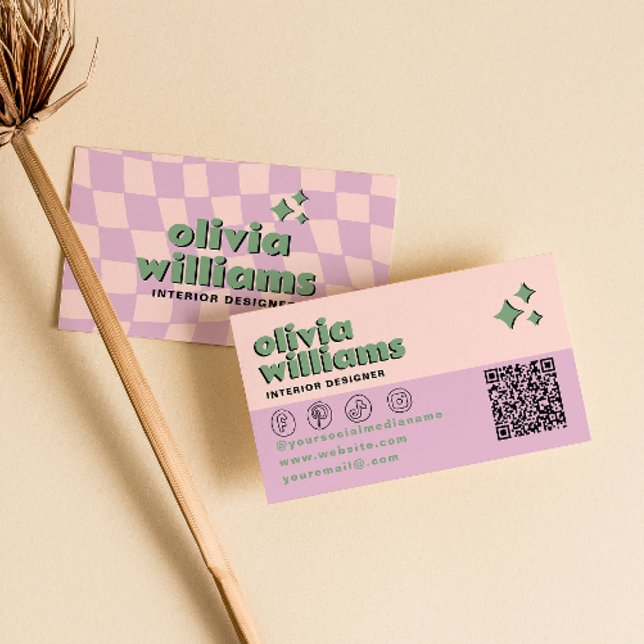 Retro Pink Green QR Code Groovy Checkered Trendy Business Card (Creator Uploaded)