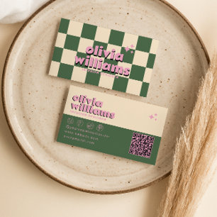 Retro Pink Green QR Code Groovy Chequered Funky Business Card