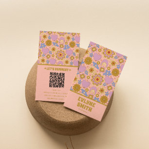 Retro Pink Green QR Code Groovy Floral Girly  Business Card