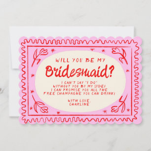 Retro Pink & Green Wavy  Bridesmaid Proposal  Invitation