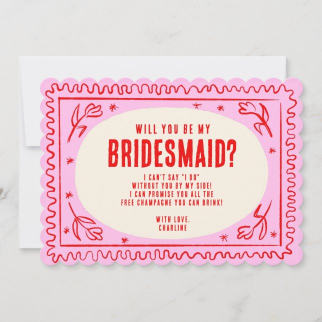 Retro Pink & Green Wavy  Bridesmaid Proposal  Invitation (Front)