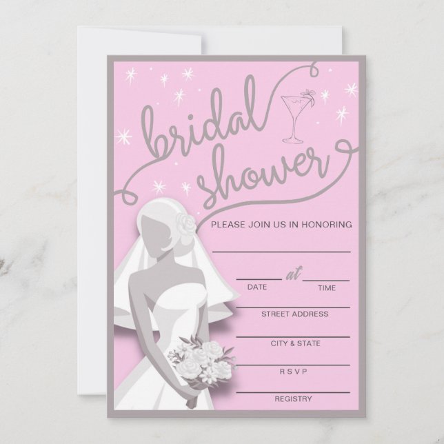 Retro Pink & Grey Fill In Bridal Shower Invitation (Front)