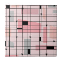 Retro Pink Grid and Starbursts Ceramic Tile