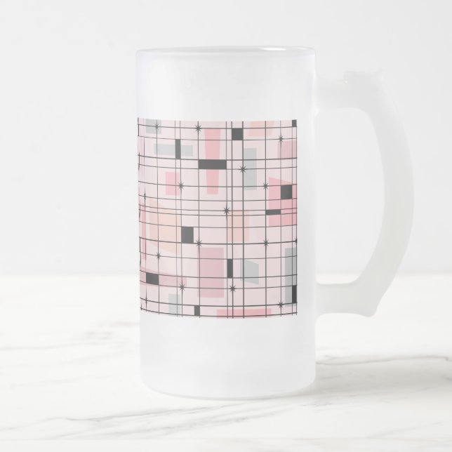 Retro Pink Grid and Starbursts Frosted Glass Mug (Right)