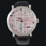 Retro Pink Grid and Starbursts Leather Watch<br><div class="desc">This Retro Pink Grid and Starbursts Leather Watch is where vintage style meets modern day. It features a light pink background with kitschy, off kilter squares and rectangles in dove grey and three shades of pink. The whimsical blocks of colour are overlayed and worked into some of the grid intersections....</div>