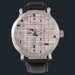 Retro Pink Grid and Starbursts Leather Watch<br><div class="desc">This Retro Pink Grid and Starbursts Leather Watch is where vintage style meets modern day. It features a light pink background with kitschy, off kilter squares and rectangles in dove grey and three shades of pink. The whimsical blocks of colour are overlayed and worked into some of the grid intersections....</div>