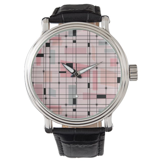 Retro Pink Grid and Starbursts Leather Watch (Front)