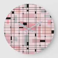 Retro Pink Grid and Starbursts Round Wall Clock