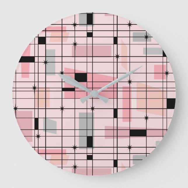 Retro Pink Grid and Starbursts Round Wall Clock (Front)