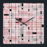 Retro Pink Grid and Starbursts Square Wall Clock<br><div class="desc">This Retro Pink Grid and Starbursts Square Wall Clock is where vintage style meets modern day. It features a light pink background with kitschy, off kilter squares and rectangles in dove grey and three shades of pink. The whimsical blocks of colour are overlayed and worked into some of the grid...</div>