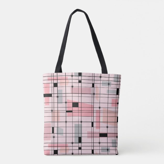 Retro Pink Grid and Starbursts Tote Bag (Back)