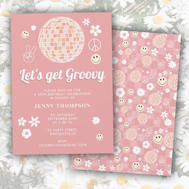 Retro Pink Groovy Chequered Hippie Disco Birthday Invitation (Retro Pink Groovy Checkered Hippie Disco Birthday Invitation)
