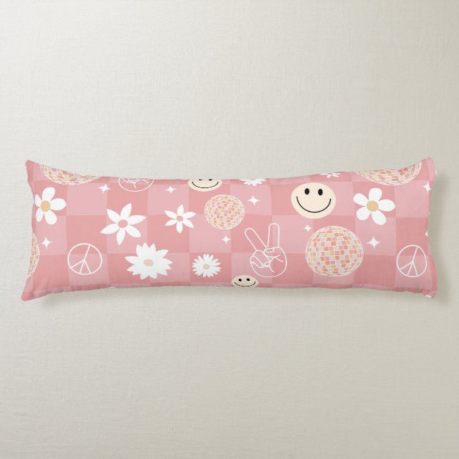 Retro Pink Groovy Chequered Hippie Pattern Body Cushion (Front)