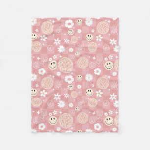 Retro Pink Groovy Chequered Hippie Pattern Fleece Blanket