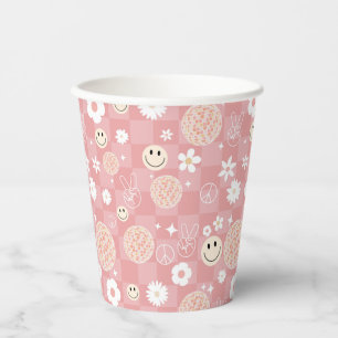 Retro Pink Groovy Chequered Hippie Pattern Paper Cups