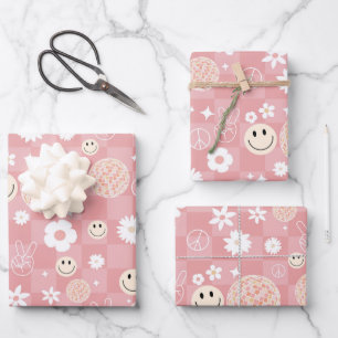 Retro Pink Groovy Chequered Hippie Pattern Wrapping Paper Sheet