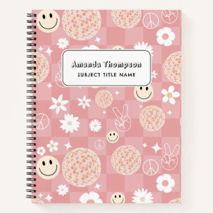 Retro Pink Groovy Chequered Hippie School Notebook