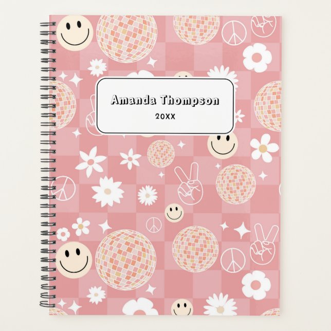 Retro Pink Groovy Chequered Hippie School Planner (Front)