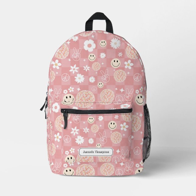 Retro Pink Groovy Chequered Hippie School Printed Backpack (Front)