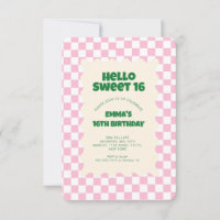 Retro Pink Groovy Chequered Sweet 16 Invitation