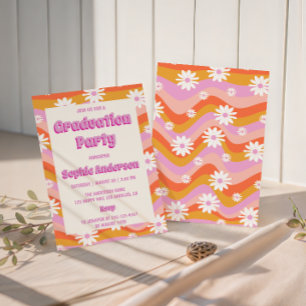 Retro Pink Groovy Daisy Floral Graduation Party  Invitation