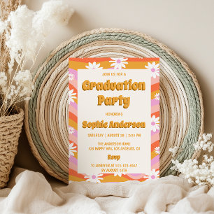 Retro Pink Groovy Daisy Floral Graduation Party Invitation