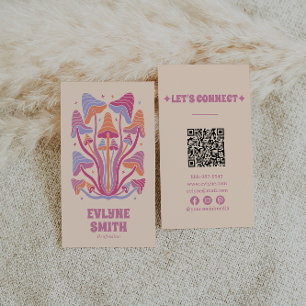 Retro Pink Groovy Mushrooms Girly Boho QR Code Business Card